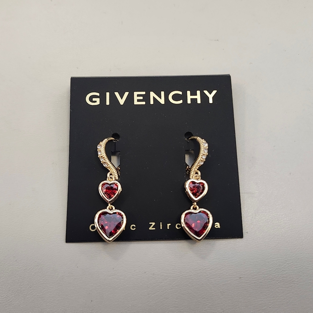 NWT Givenchy Gold-Tone Red Cubic Zirconia Heart Double Drop Earrings